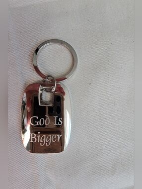 God Is Bigger keychain oval-shaped silver metal tag encouraging message NWOT